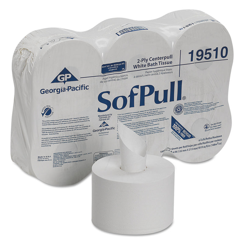 Georgia-Pacific High Capacity Center Pull Tissue, Septic Safe, 2-Ply, White, 1000 Sheets/Roll, 6 Rolls/Carton - GPC19510