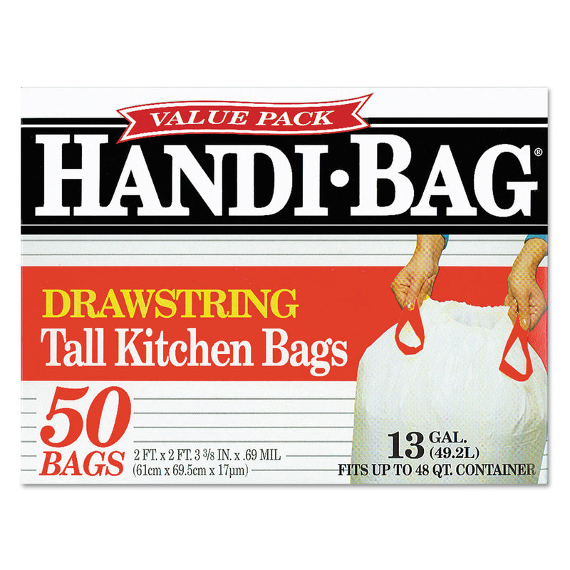 Handi-Bag Drawstring Kitchen Bags, 13 Gal, 0.6 Mil, 24" X 27.38", White, 50/Box - WBIHAB6DK50