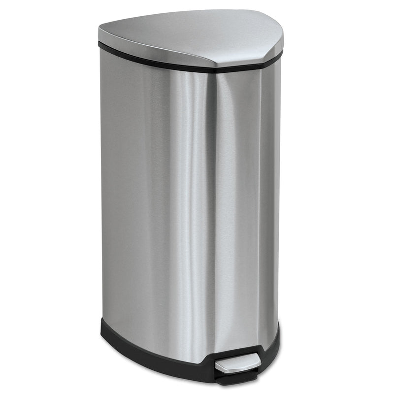 Safco Step-On Waste Receptacle, Triangular, Stainless Steel, 10 Gal, Chrome/Black - SAF9687SS