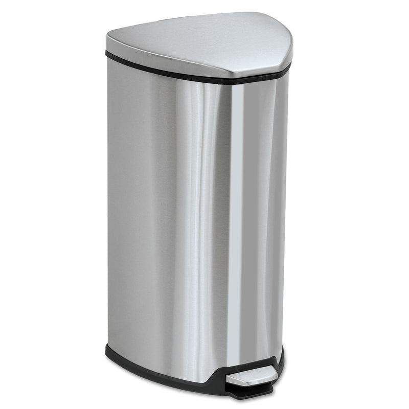 Safco Step-On Waste Receptacle, Triangular, Stainless Steel, 7 Gal, Chrome/Black - SAF9686SS