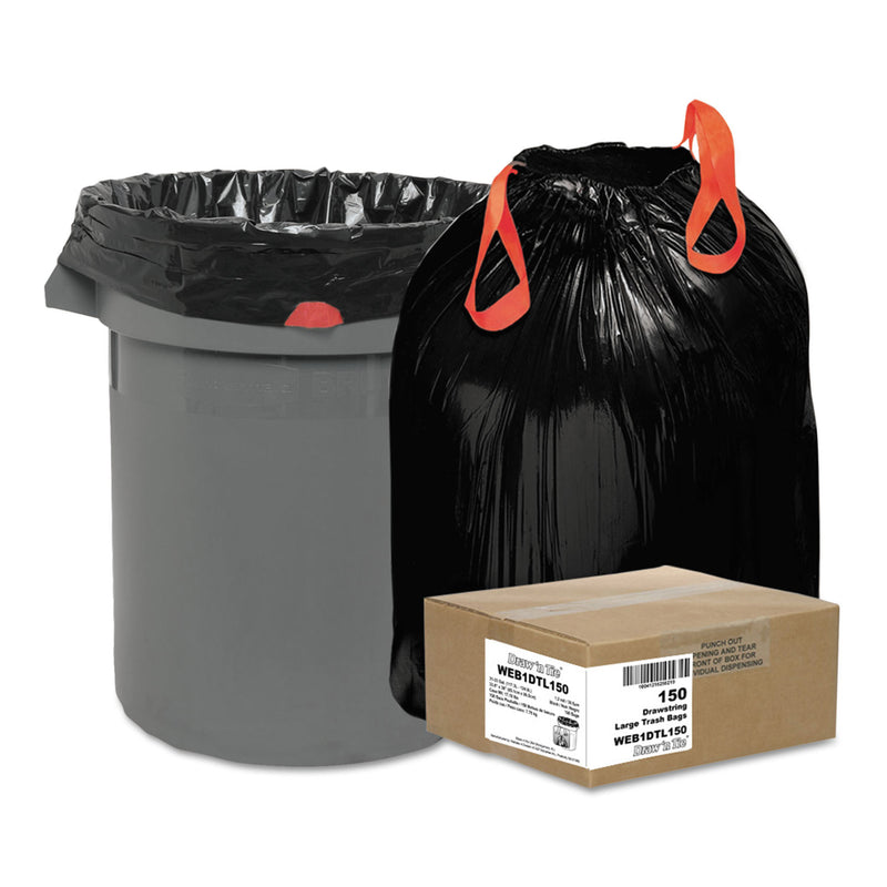 Draw 'n Tie Heavy-Duty Trash Bags, 33 Gal, 1.2 Mil, 33.5" X 38", Black, 150/Box - WBI1DTL150