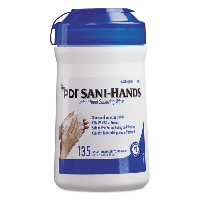 Sani Professional Sani-Hands Alc Instant Hand Sanitizing Wipes, 7.5X6, White, 135/Canister,12/Ctn - NICP13472
