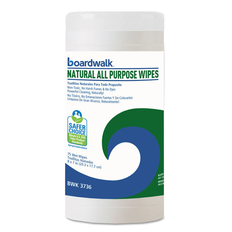 Boardwalk Natural All Purpose Wipes, 7 X 8, Unscented, 75 Wipes/Canister, 6/Carton - BWK4736