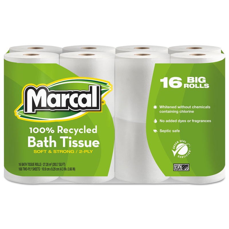 Marcal 100% Recycled Two-Ply Bath Tissue, Septic Safe, 2-Ply, White, 168 Sheets/Roll, 16 Rolls/Pack - MRC1646616PK