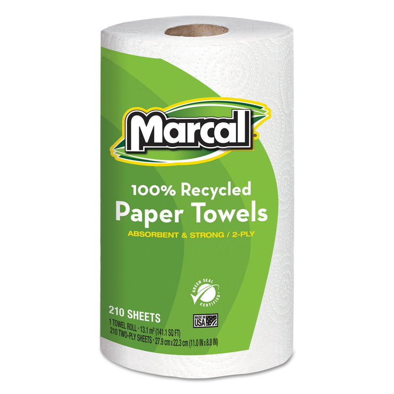 Marcal 100% Recycled Roll Towels, 2-Ply, 8.8 X 11, 210 Sheets, 12 Rolls/Carton - MRC6210