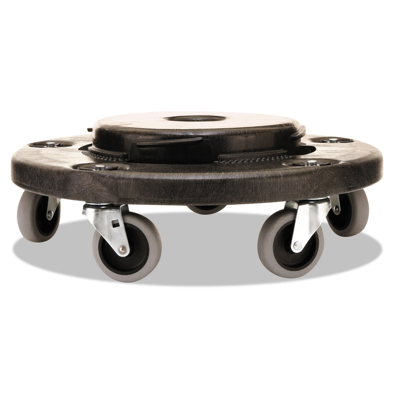 Rubbermaid Brute Round Twist On/Off Dolly, 250 Lb Capacity, 18" Dia X 6.63"H, Fits 20-55 Gallon Brute Containers, Black - RCP264000BK