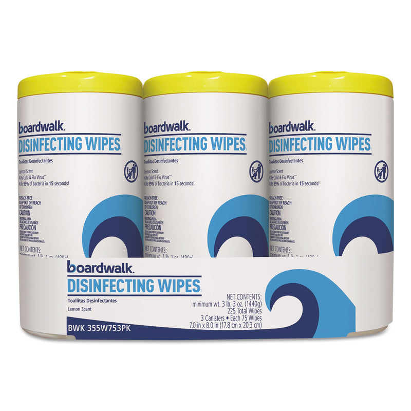 Boardwalk Disinfecting Wipes, 8 X 7, Lemon Scent, 75/Canister, 3 Canisters/Pack - BWK455W753PK