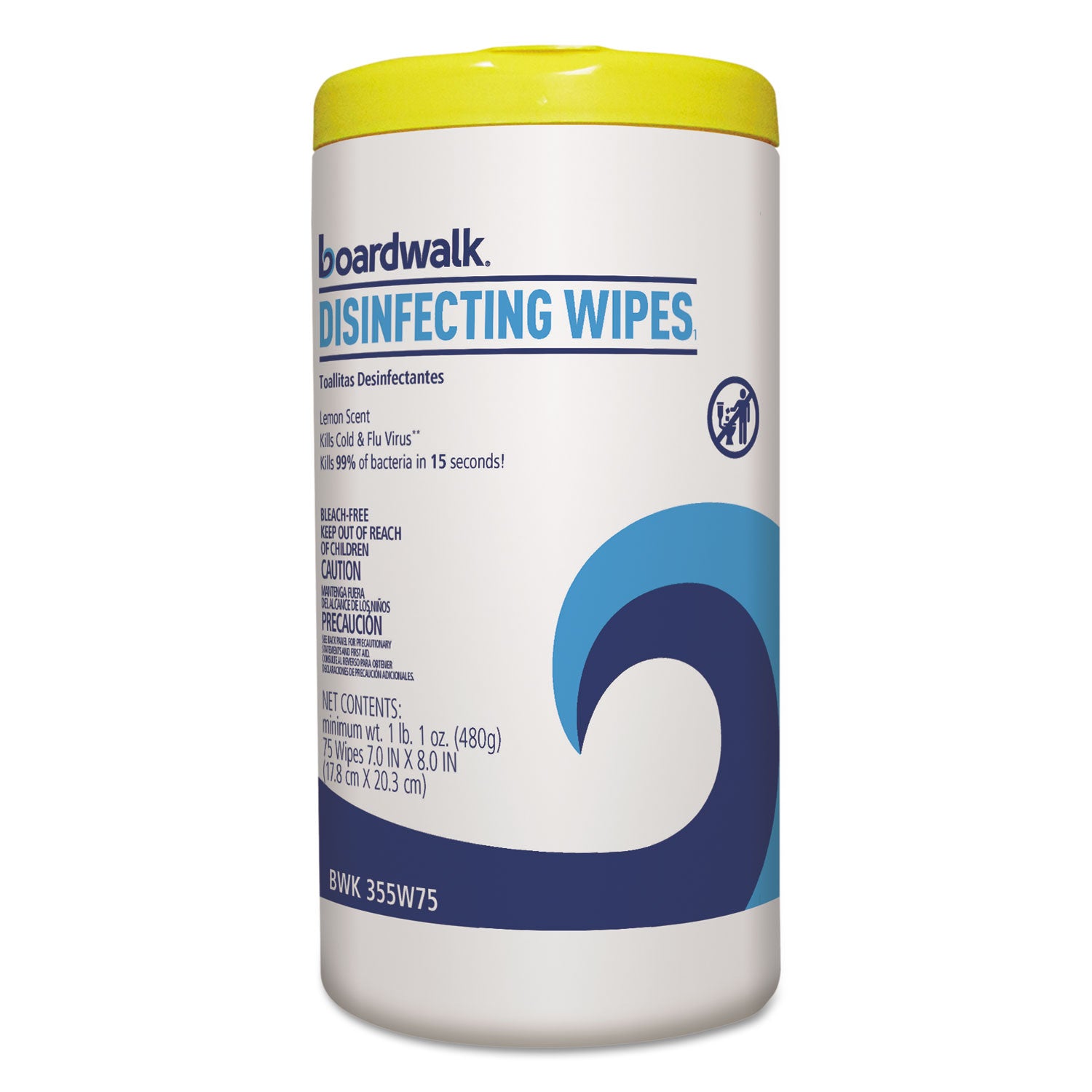 Boardwalk Disinfecting Wipes, 8 X 7, Lemon Scent, 75/Canister, 6 Canisters/Carton - BWK455W75