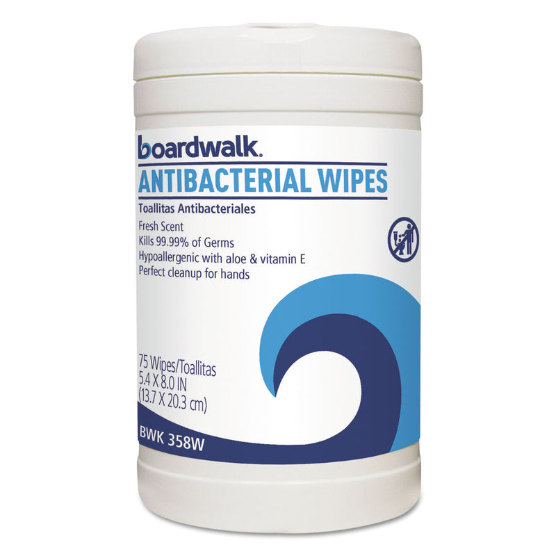 Boardwalk Antibacterial Wipes, 8 X 5 2/5, Fresh Scent, 75/Canister, 6 Canisters/Carton - BWK458W