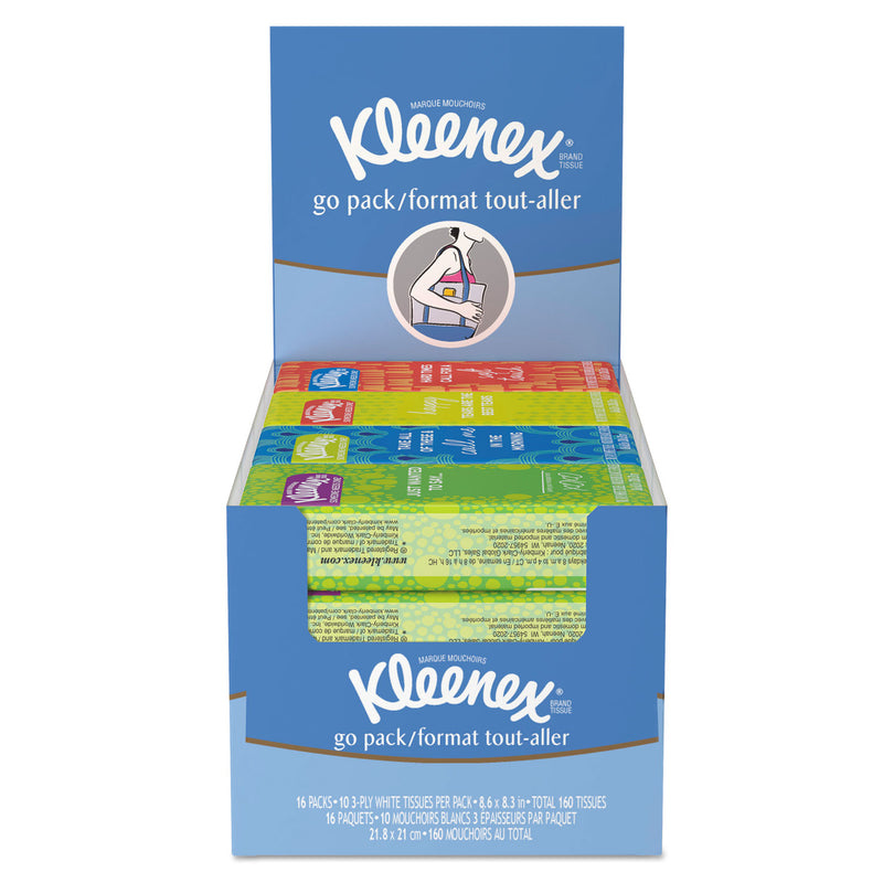 Kleenex On The Go Packs Facial Tissues, 3-Ply, White, 10 Sheets/Pack, 16 Packs/Box, 12 Boxes/Carton - KCC11975