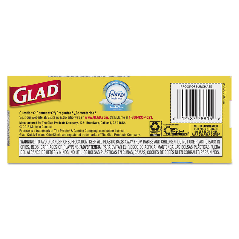 Glad Odorshield Medium Quick-Tie Trash Bags, 8 Gal, 0.57 Mil, 21.63" X 23", White, 26/Box - CLO78815BX