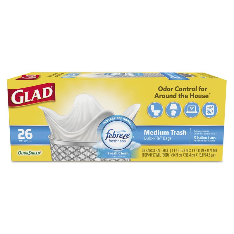 Glad Odorshield Medium Quick-Tie Trash Bags, 8 Gal, 0.57 Mil, 21.63" X 23", White, 26/Box - CLO78815BX