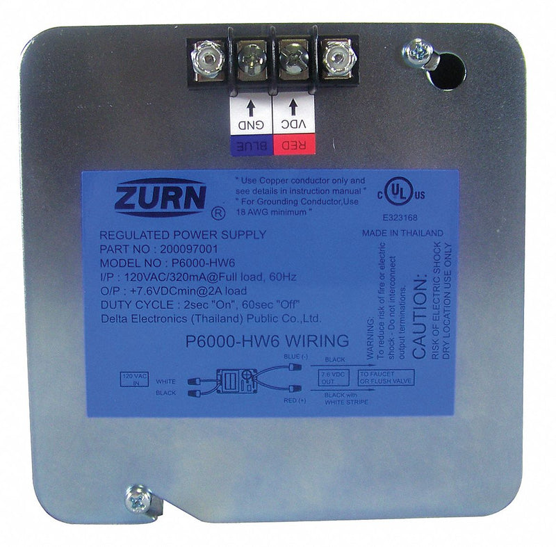 Zurn DC Power Supply, Fits Brand Zurn, For Use with Series ZEMS, Finish Black - P6000-HW6