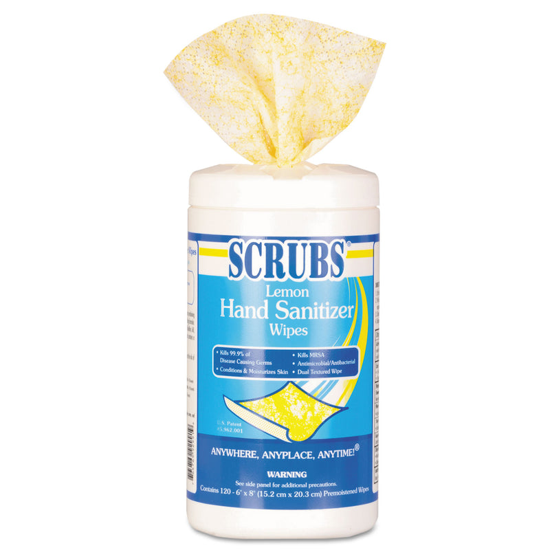 SCRUBS Hand Sanitizer Wipes, 6 x 8, Lemon Scent, Blue/White, 120 Wipes/Canister, 6 Canisters/Case - ITW92991CT
