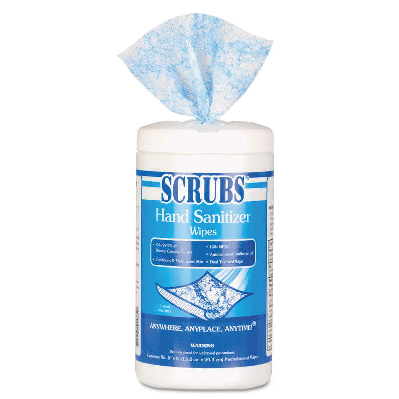SCRUBS Hand Sanitizer Wipes, 6 x 8, Unscented, Blue/White, 85/Canisters, 6 Canisters/Carton - ITW90985