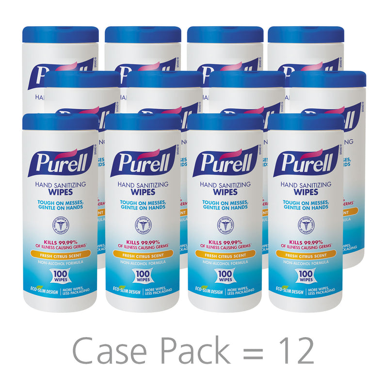 Purell Premoistened Hand Sanitizing Wipes, 5.78" X 7", 100/Canister, 12 Canisters/Ct - GOJ911112CT