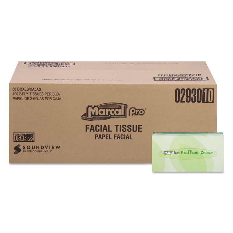 Marcal Paper 100% Recycled Convenience Pack Facial Tissue, Septic Safe, 2-Ply, White, 100 Sheets/Box, 30 Boxes/Carton - MRC2930