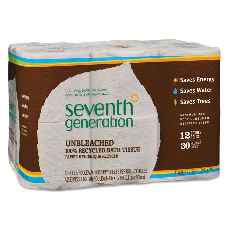 Seventh Generation Natural Unbleached 100% Recycled Bath Tissue, Septic Safe, 2-Ply, 400 Sheets/Mega Roll, 12/Pack - SEV13735PK