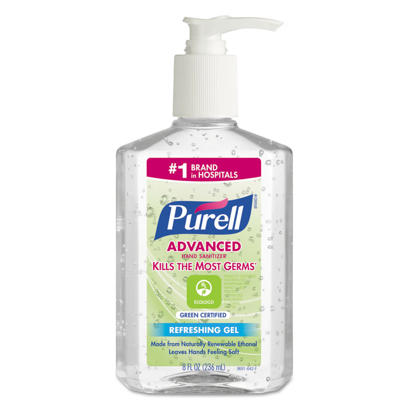 Purell Advanced Hand Sanitizer Green Certified Gel, Fragrance-Free, 8 Oz Pump Bottle, 12/Carton - GOJ969112CT