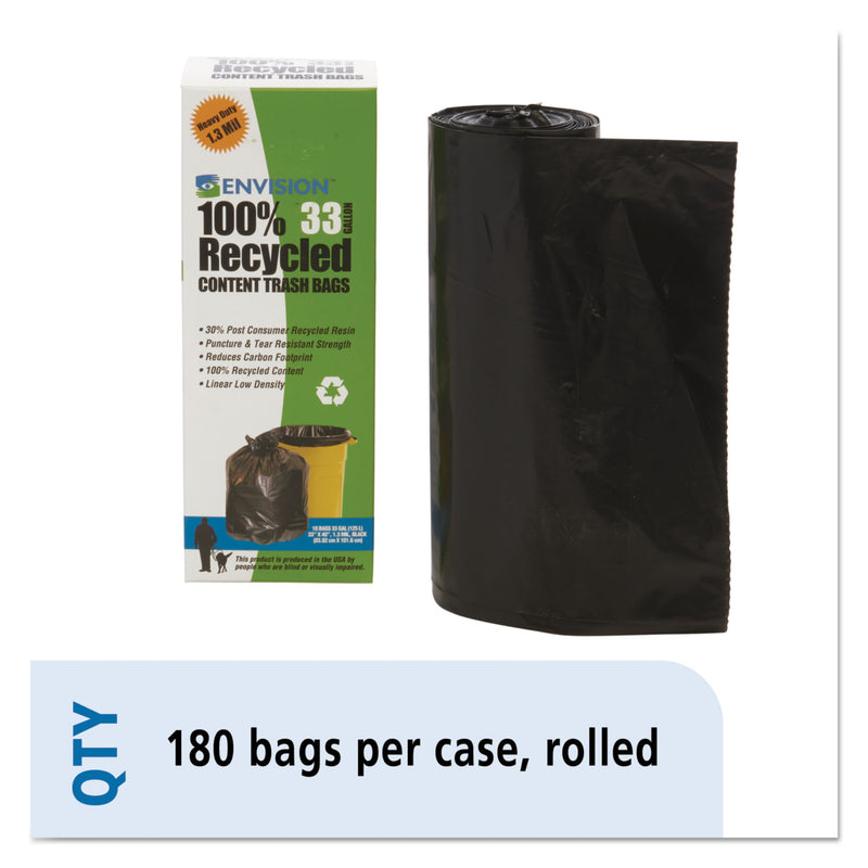 Envision Total Recycled Content Plastic Trash Bags, 33 Gal, 1.3 Mil, 33