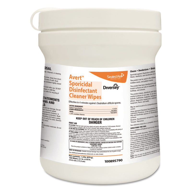 Diversey Avert Sporicidal Disinfectant Cleaner Wipes, Chlorine, 6 X 7, 160/Can, 12/Carton - DVO100895790