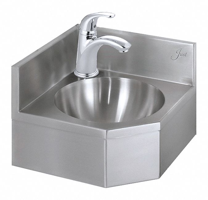 Just Manufacturing Stainless Steel, Wall, Bathroom Sink, With Faucet, Bowl Size 14 in x 14 in - A-35929-14-S