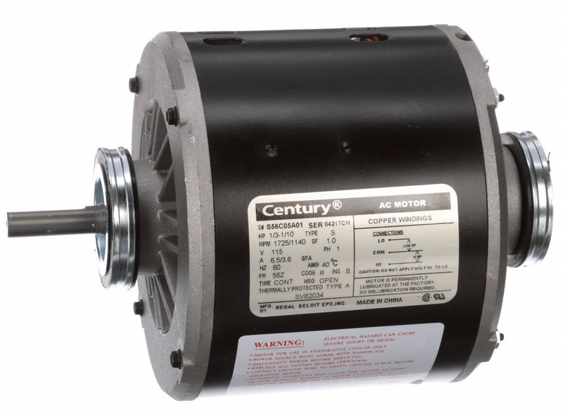 Century Evaporative Cooler Motor, Split-Phase, Open Dripproof, 1/10, 1/3 HP, Nameplate RPM 1725/1140 - SVB2034V1