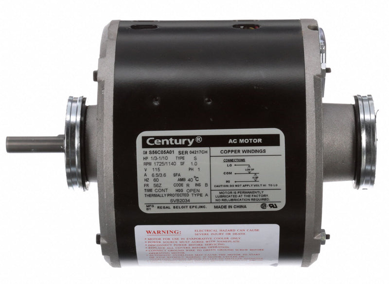 Century Evaporative Cooler Motor, Split-Phase, Open Dripproof, 1/10, 1/3 HP, Nameplate RPM 1725/1140 - SVB2034V1