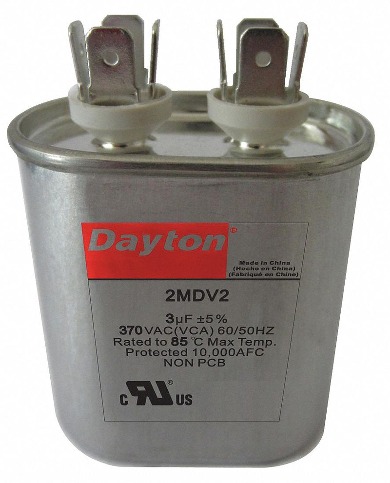 Dayton Oval Motor Run Capacitor,3 Microfarad Rating,370VAC Voltage - 2MDV2