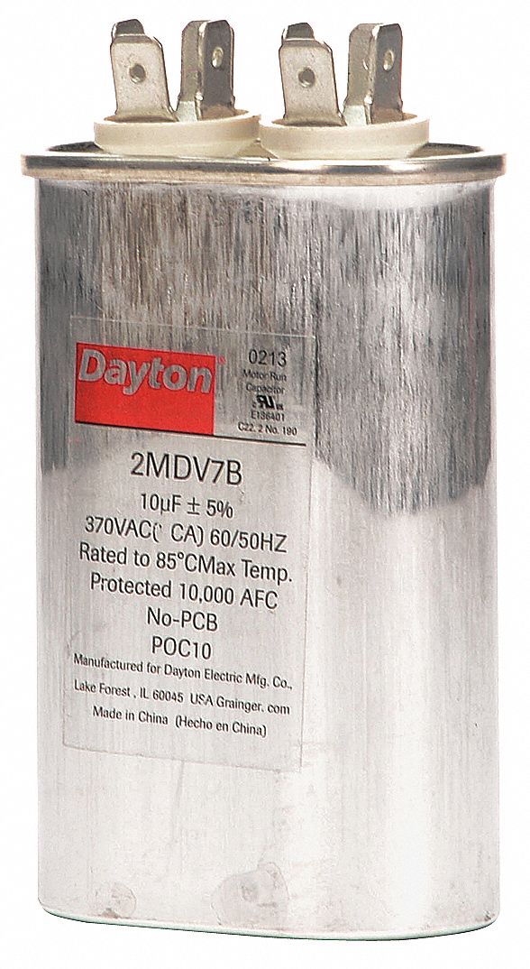 Dayton Oval Motor Run Capacitor,10 Microfarad Rating,370VAC Voltage - 2MDV7