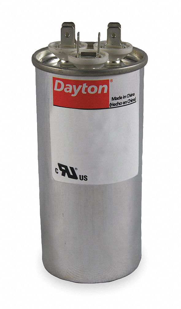 Dayton Round Motor Dual Run Capacitor,25/4 Microfarad Rating,370VAC Voltage - 12N967