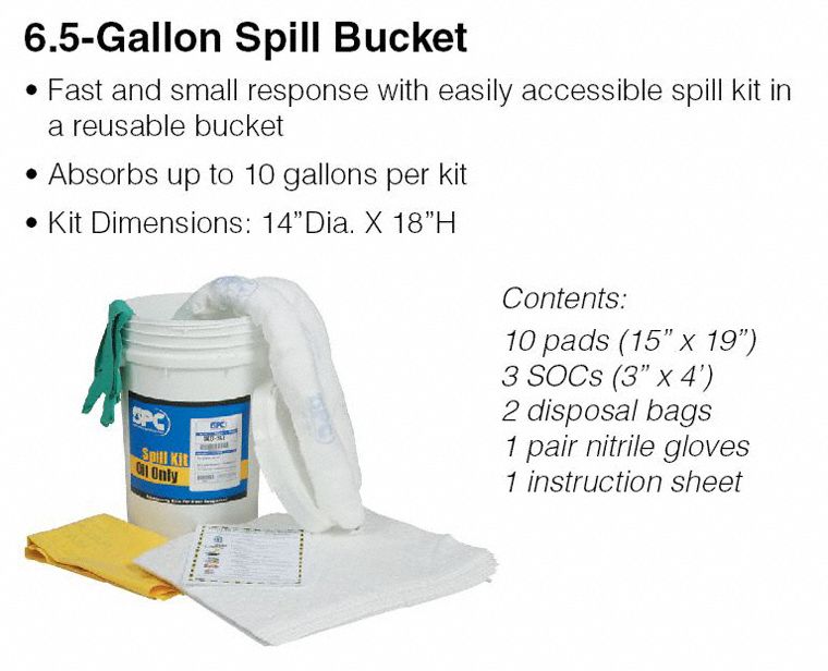 Brady Spill Kit/Station, Bucket, Oil-Based Liquids, 9.1 gal - SKO-BKT