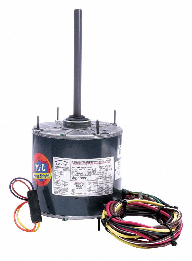 Genteq 1/3 to 1/6 HP Condenser Fan Motor,Permanent Split Capacitor,1075 Nameplate RPM,208-230 Voltage,Frame - 3465HS