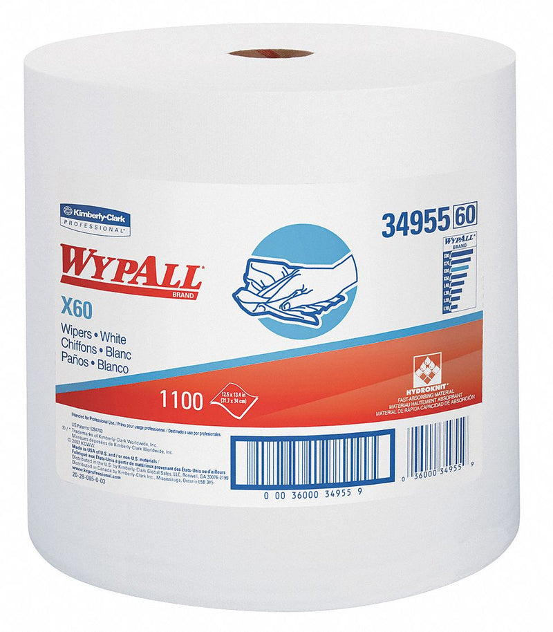 Wypall Dry Wipe Roll, WYPALL X60, 12-1/2 in x 13-1/2 in, Number of Sheets 1,100, White - 34955