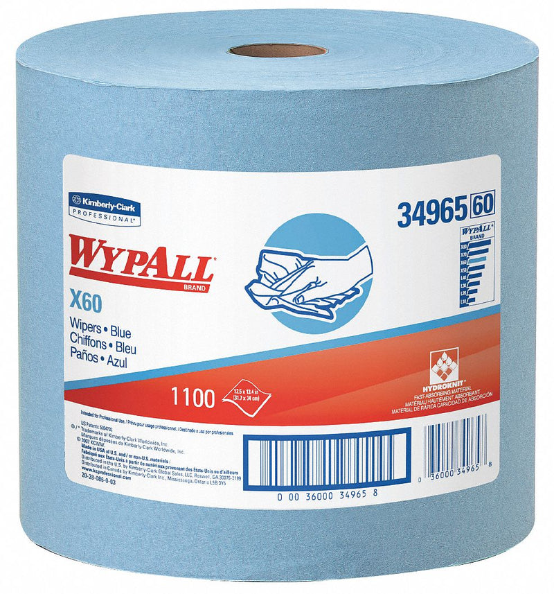 Wypall Dry Wipe Roll, WYPALL X60, 12-1/2 in x 13-1/2 in, Number of Sheets 1,100, Blue - 34965