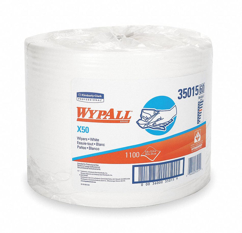 Wypall Dry Wipe Roll, WYPALL X50, 9-3/4 in x 13 in, Number of Sheets 1,100, White - 35015