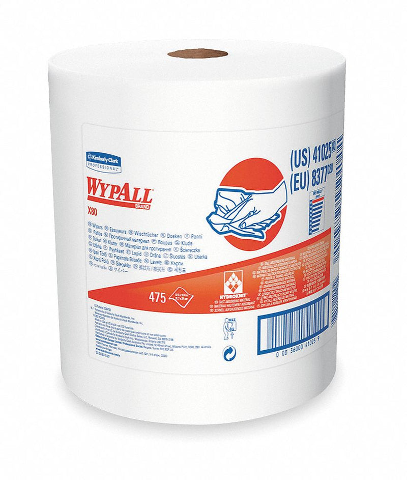 Wypall Dry Wipe Roll, WYPALL X80, 12-1/2 in x 13 in, Number of Sheets 475, White - 41025