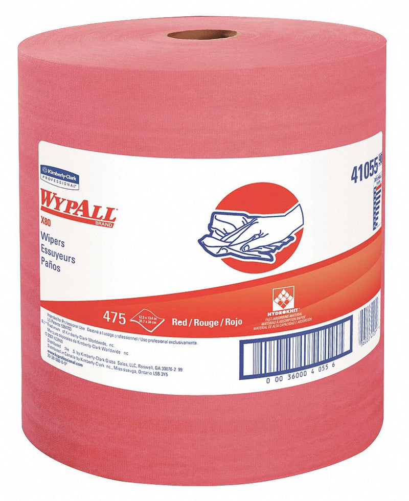 Wypall Dry Wipe Roll, WYPALL X80, 12-1/2 in x 13 in, Number of Sheets 475, Red - 41055