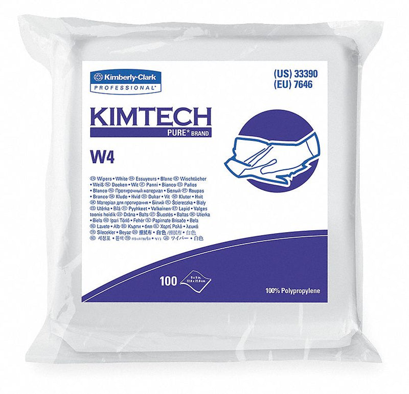 Kimtech Dry Wipe, KIMTECH PURE W4, 9" x 9", Number of Sheets 100, White, PK 5 - 33390
