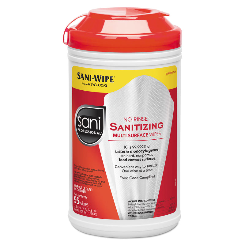 Sani Professional No-Rinse Sanitizing Multi-Surface Wipes, White, 95/Container, 6/Carton - NICP56784
