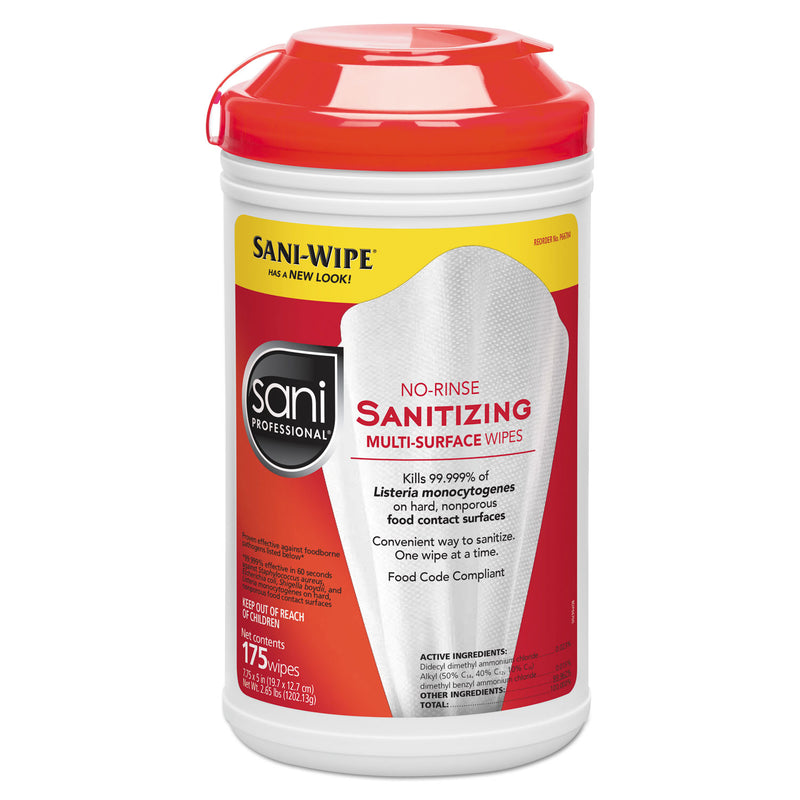 Sani Professional No-Rinse Sanitizing Multi-Surface Wipes, White, 175/Container, 6/Carton - NICP66784
