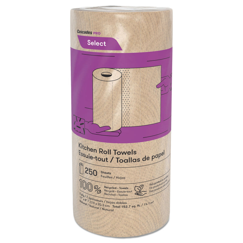 Cascades Select Kitchen Roll Towels, 2-Ply, 11" X 166.6 Ft, Natural, 250/Roll, 12/Carton - CSDK251