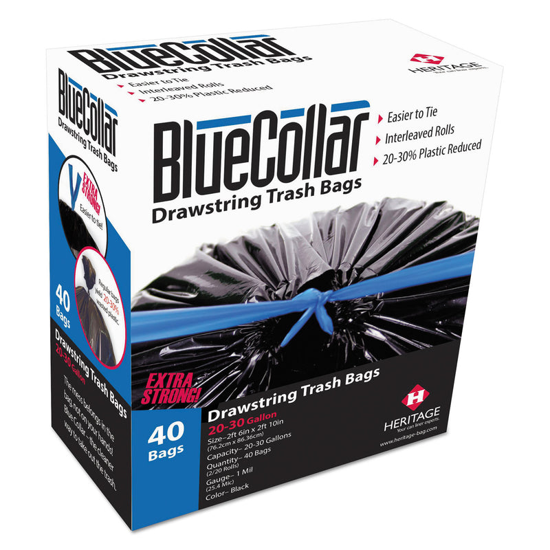 BlueCollar Drawstring Trash Bags, 30 Gal, 1 Mil, 30" X 34", Black, 240/Carton - HERN6034YKRC1CT