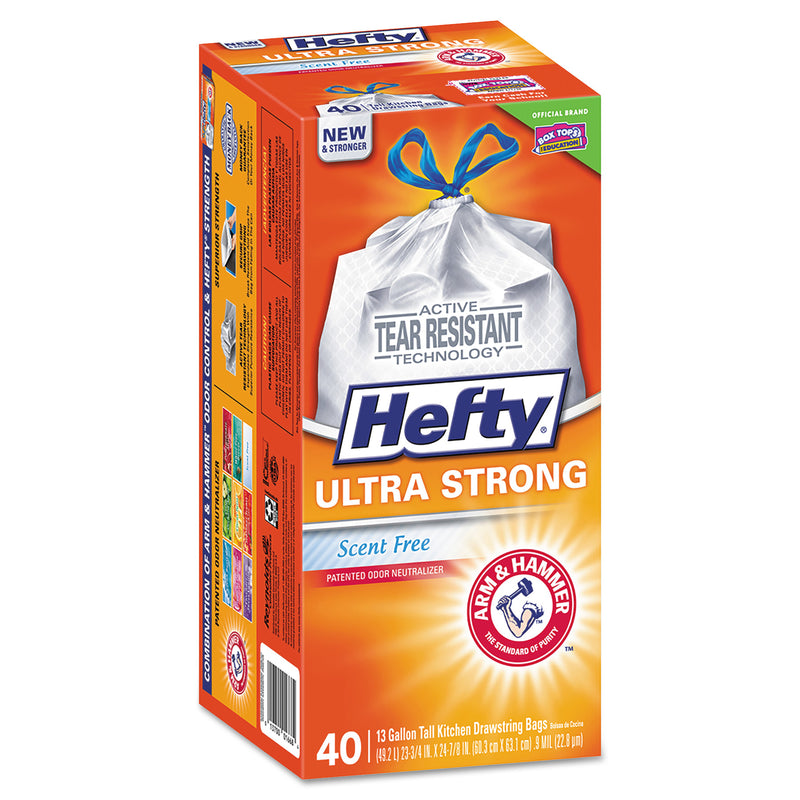 Hefty Ultra Strong Tall Kitchen And Trash Bags, 13 Gal, 0.9 Mil, 23.75" X 24.88", White, 40/Box, 6 Boxes/Carton - RFPE84638CT