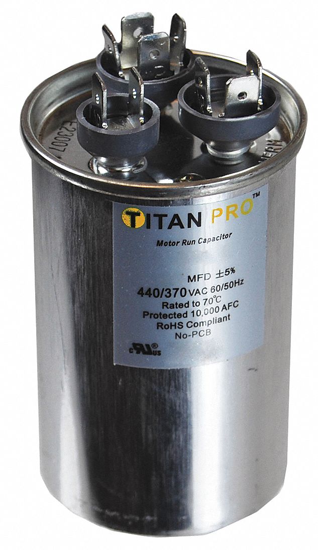 Titan Pro Round Motor Dual Run Capacitor,25/5 Microfarad Rating,370-440VAC Voltage - TRCFD255