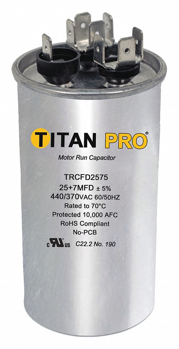 Titan Pro Round Motor Dual Run Capacitor,25/7.5 Microfarad Rating,370-440VAC Voltage - TRCFD2575