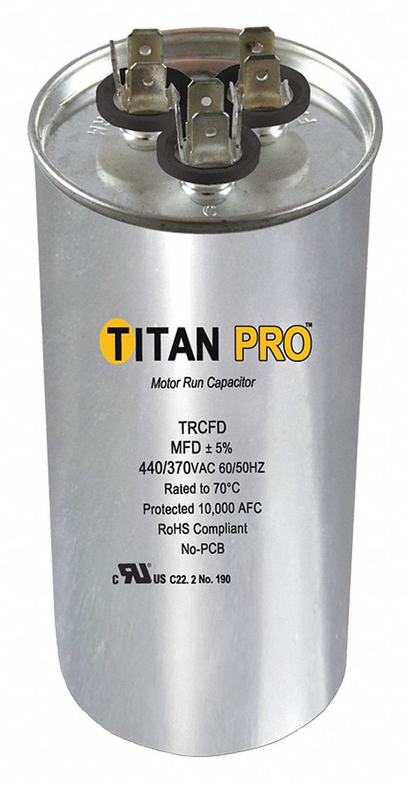 Titan Pro Round Motor Dual Run Capacitor,45/3 Microfarad Rating,370-440VAC Voltage - TRCFD453