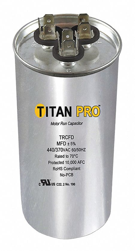 Titan Pro Round Motor Dual Run Capacitor,45/5 Microfarad Rating,370-440VAC Voltage - TRCFD455