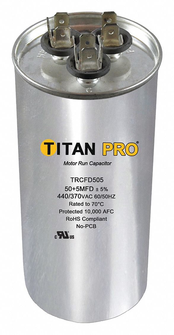 Titan Pro Round Motor Dual Run Capacitor,50/5 Microfarad Rating,370-440VAC Voltage - TRCFD505