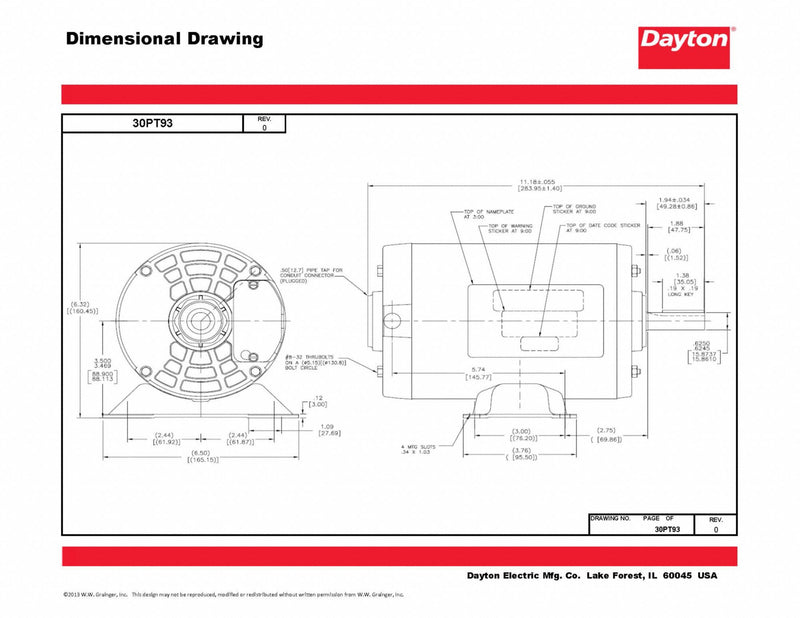 Dayton 1 1/2 HP, General Purpose Motor, 3-Phase, 3450 Nameplate RPM, 230/460 Voltage, 56 Frame - 30PT93